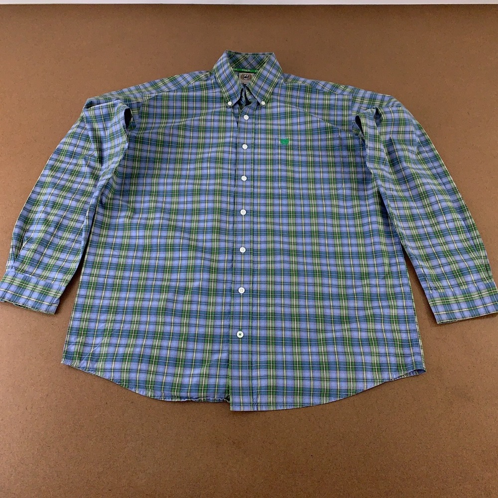 Cinch Men's Size Medium Blue Plaid Cotton Long Sleeve Button Front Western Shirt
